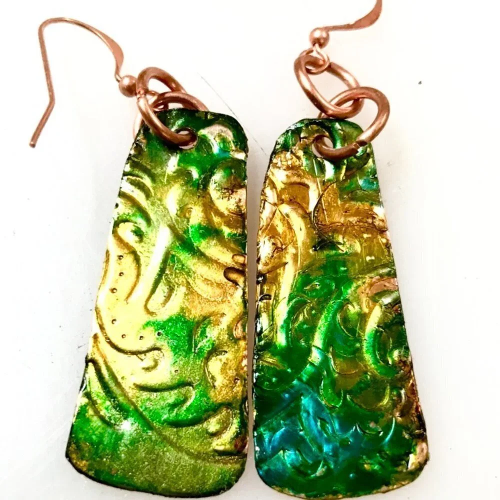 Rustic Little Green Blue Textured Solid Copper Earrings Brutalist Abstract Boho